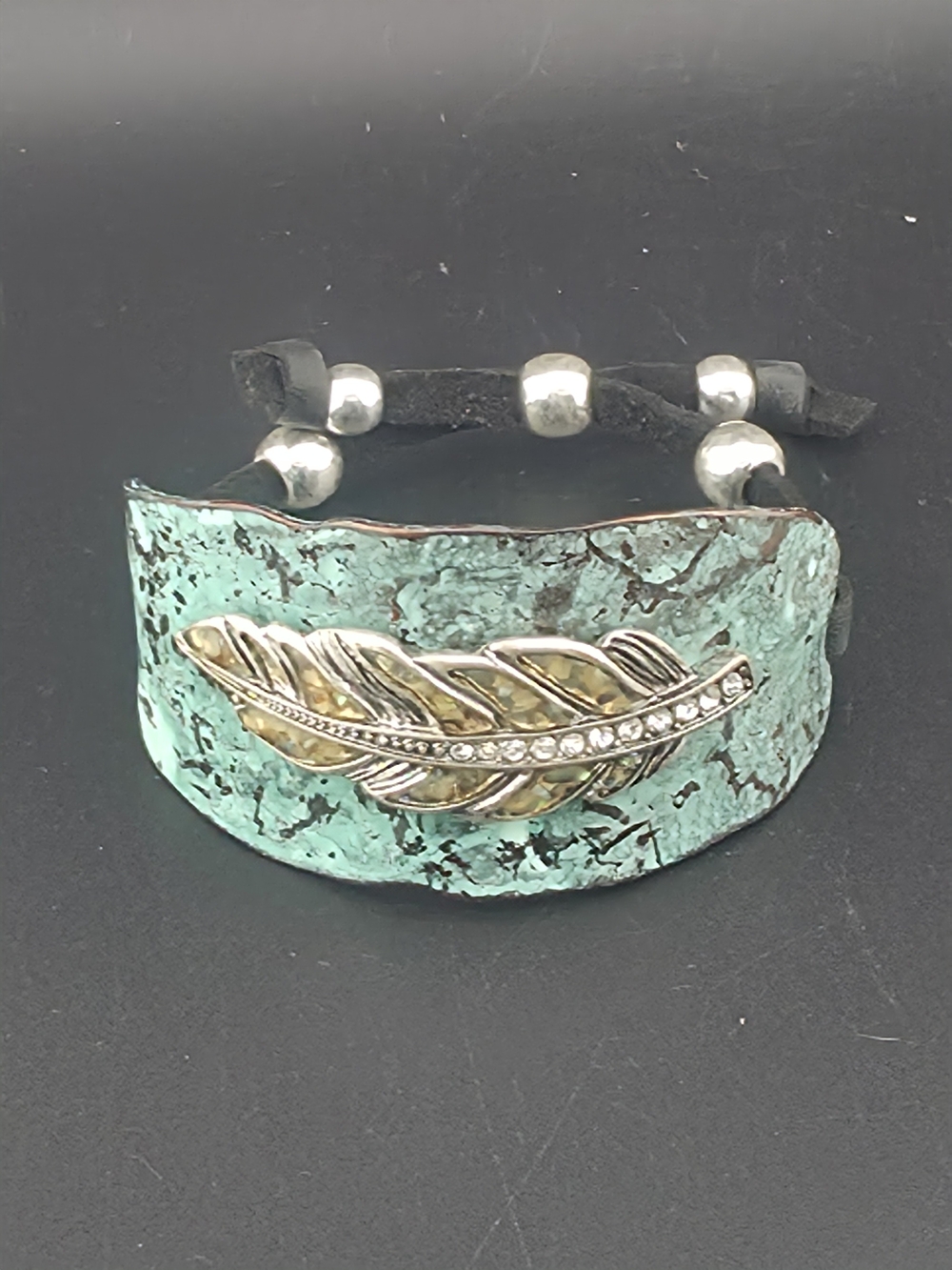 Western Style Oxidized Copper Abalone Feather Adjustable Leather Bracelet